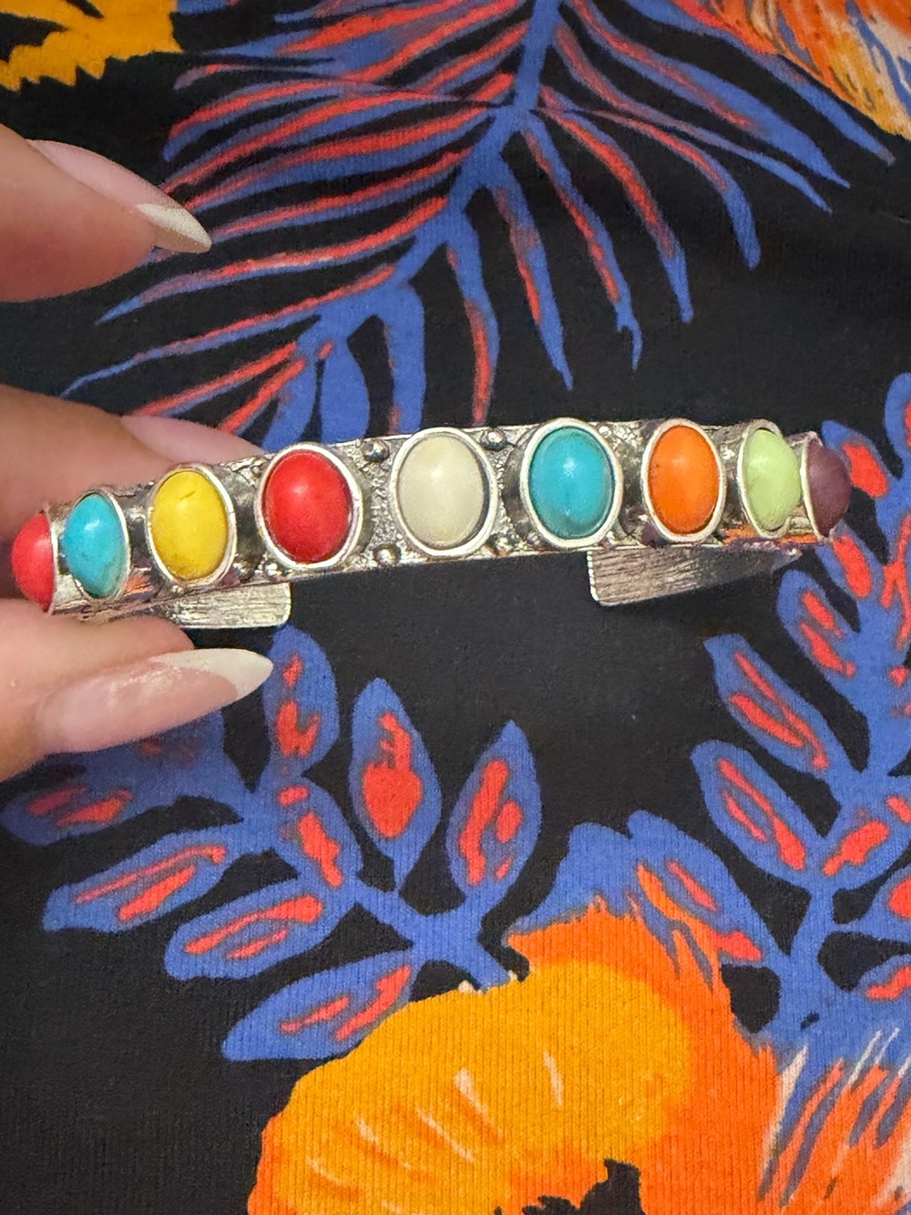 Colorful Cabochon Silver-Tone Cuff Bracelet